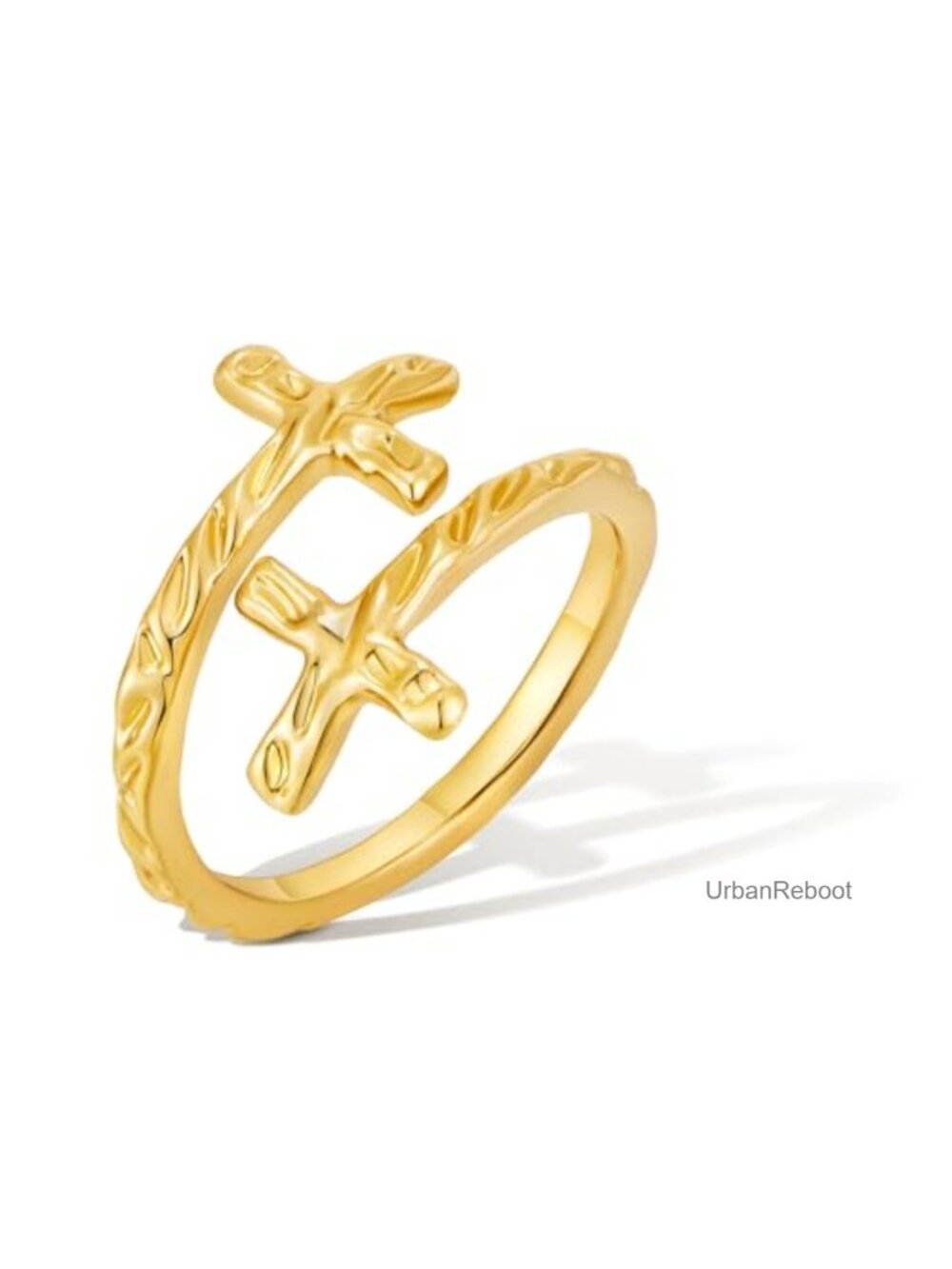 18k Gold Plated Hammered Cross Ring for Women, Open Infinity Religious Band,